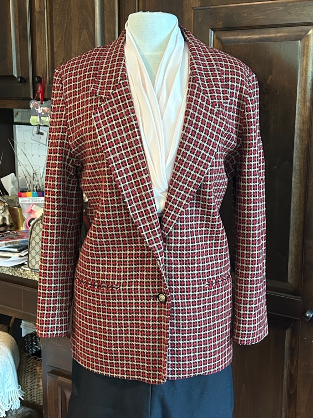 Alfred Dunner Sz 14 Houndstooth Equestrian Red Plaid Women's Blazer Jacket - Picture 1 of 7
